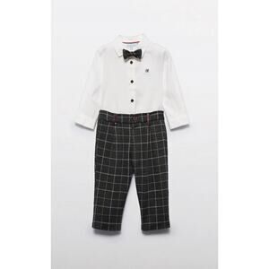 NEW Abel & Lula Plaid Lined Pants & Button Shirt Set with Tie, Marengo, 6/9m